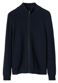 Marineblauer gerippter Strickcardigan mit durchgehendem Reißverschluss und hohem Kragen, langen Ärmeln und enganliegenden Bündchen.