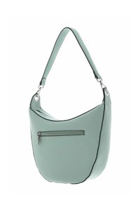 Sac à bandoulière en cuir vert menthe au design incurvé, avec une poche zippée à l'avant et un bord noir contrastant le long des contours.