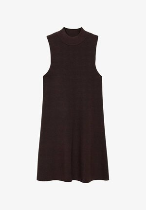 Ærmeløs, mørkebrun ribstrikket kjole med høj halsudskæring og svungen A-linjeform, der har en glat tekstur og ingen synlig hardware.