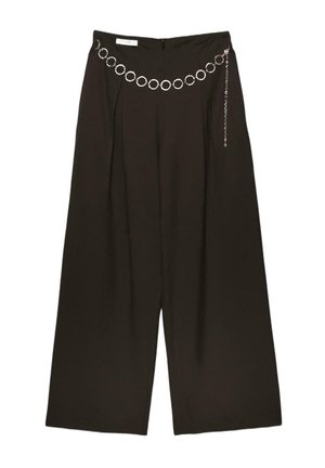Black wide-leg pants with pleats and a decorative silver chain belt featuring circular links and a dangling strand.