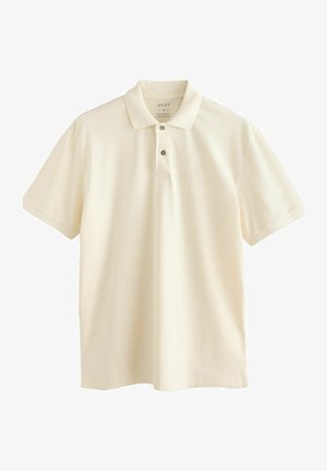 Kreem värvi lühikeste varrukatega polo särk, pehme kangas, kolme nupuga auk, diskreetne logo rinnas, tavaline lõige ja sirge äär.