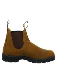 Stivale alla caviglia in pelle marrone con pannelli elastici, linguette per il sollevamento e una suola in gomma. Presenta dettagli di cucitura e una texture liscia.