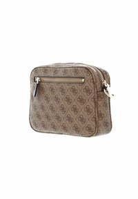 Borsa a spalla marrone con motivo, con zip a contrasto, forma rettangolare, texture in tessuto e accenti in hardware dorato.
