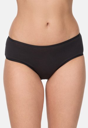 Sort undertøj med en glat tekstur, der har en taljebånd i medium højde og kontrasterende syninger på kanterne. Enkelt design uden mønstre eller accenter.