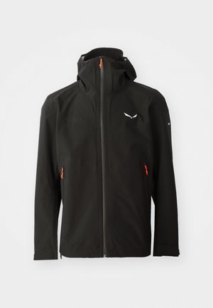 Black waterproof jacket with a full zip, adjustable hood, and orange accents. Features a logo on the chest and side zippered pockets.