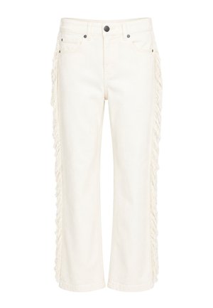 Witte broek met rechte pijpen, zwarte knoop en franje-detail langs de buitenste zijnaden van taille tot zoom.