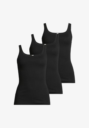 Drei schlichte schwarze ärmellose Tanktops, in versetzter Anordnung auf weißem Hintergrund.