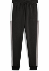 Pantalons de sport noirs avec des panneaux latéraux blancs et gris clair. Fabriqués dans un tissu doux, avec une taille élastique et des chevilles resserrées.