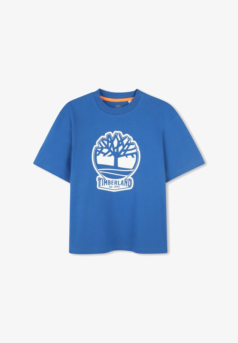 T-shirt in cotone blu con logo di un albero bianco e il testo "Timberland Established 1973". Design a maniche corte e collo rotondo.