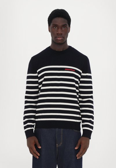 Navy blue and white striped sweater with crew neck and long sleeves. Features red "DSQUARED2" logo across the chest. Soft knit fabric.