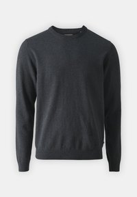 Dunkelgrauer, langärmeliger Pullover aus weichem Stoff mit Rundhalsausschnitt und Rippabschluss an Saum und Ärmeln. Keine sichtbaren Muster oder Akzente.