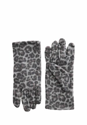 Paar zachte fleecehandschoenen met grijs en zwart luipaardprintpatroon, met voor- en achterkant zichtbaar op een witte achtergrond.