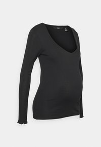 Blusa de maternidade preta de mangas longas com decote em V profundo, textura suave, design ajustado e punhos com babados. Adequada para a gravidez.