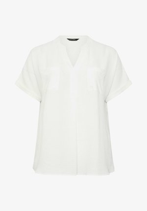 Blouse blanche à manches courtes avec col en V et deux poches poitrine à l'avant, coupe ample, en tissu léger.