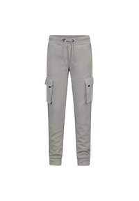 Hellgraue Cargo-Hosen aus weichem Stoff, mit zwei seitlichen Cargo-Taschen, einem elastischen Bund mit Kordelzug und tapered Bündchen.