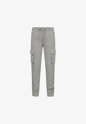 Hellgraue Cargo-Hosen aus weichem Stoff, mit zwei seitlichen Cargo-Taschen, einem elastischen Bund mit Kordelzug und tapered Bündchen.