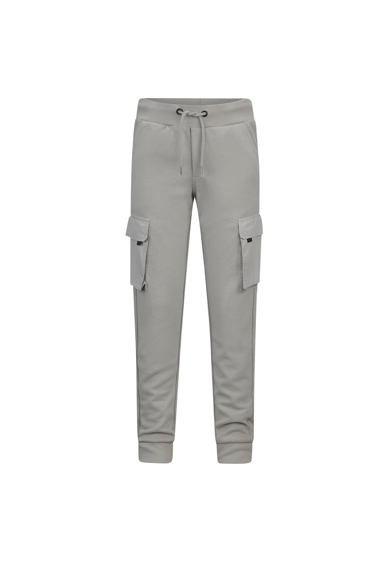 Hellgraue Cargo-Hosen aus weichem Stoff, mit zwei seitlichen Cargo-Taschen, einem elastischen Bund mit Kordelzug und tapered Bündchen.