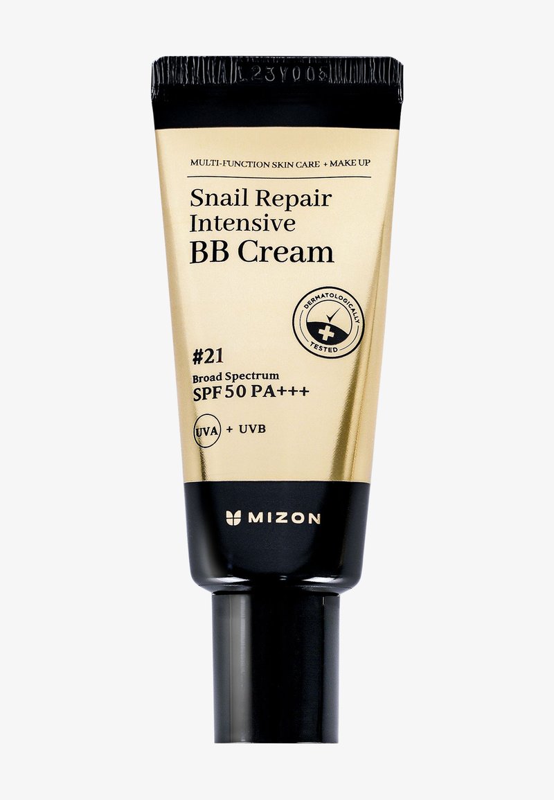 Snail Repair Intensive BB Cream-tub från Mizon, SPF 50 PA+++, bredspektrum UVA + UVB, dermatologiskt testad, nyans #21.