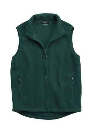 Gilet in pile verde con zip frontale, colletto alto e due tasche laterali con zip. Texture morbida, design senza maniche e orlo curvo.