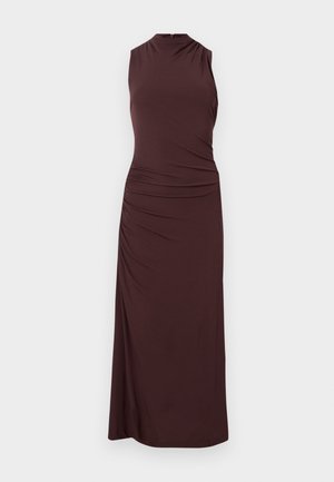 Sleeveless dark brown ruched maxi dress with a high neckline and fitted silhouette.