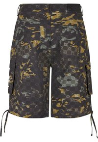 Cargo shorts in a camouflage pattern featuring dark gray, green, and yellow hues. Includes side pockets and adjustable side ties.