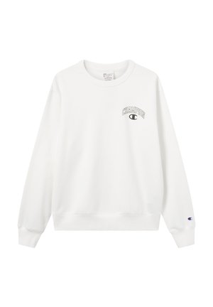 Witte sweatshirt met een ronde hals, lange mouwen en een klein "Champion" logo op de borst. Zachte, gestructureerde stof.