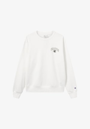 Witte sweatshirt met een ronde hals, lange mouwen en een klein "Champion" logo op de borst. Zachte, gestructureerde stof.