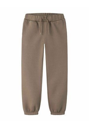 Pantalon de survêtement marron fuselé avec taille élastique, cordon, poches latérales et poignets élastiques aux chevilles.