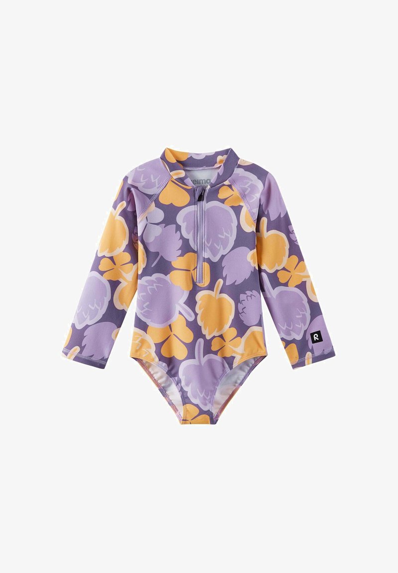 Maillot de bain enfant à manches longues violet et jaune à motif floral, avec fermeture éclair devant et col montant.
