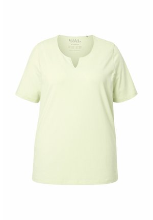 Jasnozielona koszulka z krótkim rękawem, z okrągłym dekoltem i małym pionowym rozcięciem. Wykonana z miękkiego materiału o gładkiej teksturze.