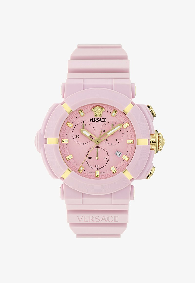 Rozā Versace rokas pulkstenis ar zelta akcentiem, trim subciklām, datuma logu un struttūru joslu ar izspiestu Versace logo.