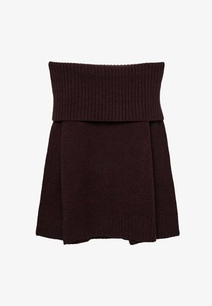 Burgunderfarbenes Strickpullover mit einem breiten, gerippten Umschlagkragen und strukturiertem Oberteil; bietet eine lockere Passform und eine glatte Oberfläche.