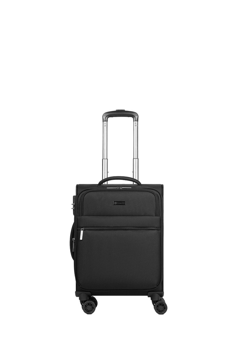 Valigia a mano nera con ruote, maniglia telescopica, tasca frontale con zip e tessuto testurizzato. Presenta quattro ruote per una facile mobilità.