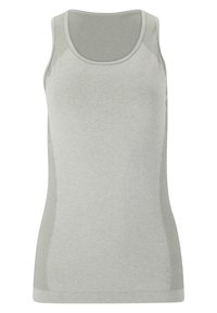 Grå linne med rund halsringning, ribbade sidor och mjuk textur, som har en figurnära design. Materialet verkar vara ventilerande och elastiskt.