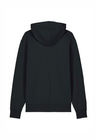 Schwarzer Hoodie mit Kordelzugkapuze, langen Ärmeln und gerippten Bündchen. Hergestellt aus weichem Material mit glatter Textur und minimalistischem Design.