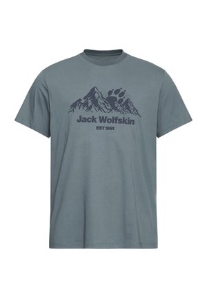 Gray cotton t-shirt featuring a mountain graphic and paw print in navy. Short sleeves and a round neckline. Classic fit and casual design.