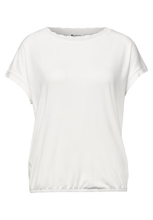 Hvid kortærmet bluse med rund halsudskæring og elastisk kant, lavet af glat, let stof.