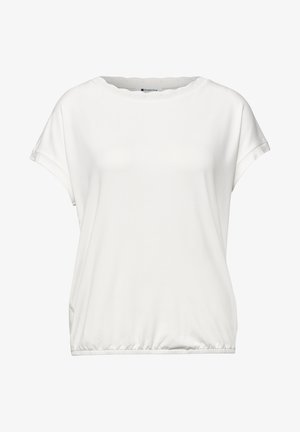 Hvid kortærmet bluse med rund halsudskæring og elastisk kant, lavet af glat, let stof.