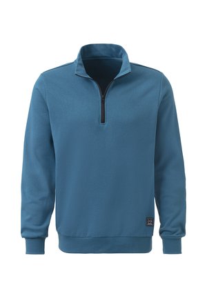 Helles blauer Fleece-Pullover mit Viertel-Reißverschluss, Rippbündchen und -saum. Mit einem gewebten Logopatch auf der unteren linken Seite. Weiche Textur.