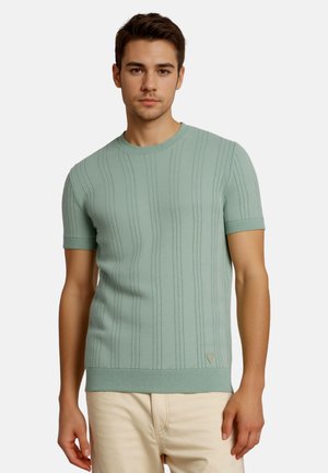 Jonge man draagt een lichtgroen gebreid shirt met korte mouwen met verticale gestructureerde strepen en beige broek, staand tegen een effen achtergrond.