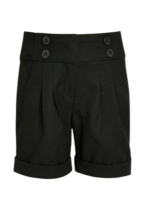 Shorts noirs taille haute avec quatre boutons sur le devant, plis, poches latérales et revers roulés, conçus pour une coupe ajustée.