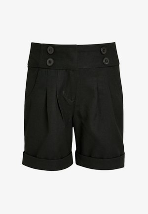 Shorts noirs taille haute avec quatre boutons sur le devant, plis, poches latérales et revers roulés, conçus pour une coupe ajustée.