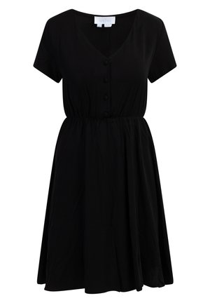 Črna kratek rokav obleka z V-izrezom, sprednjim zapenjanjem na gumbe in elastičnim pasom. Narejena iz mehkega materiala, ima širjen krilo.