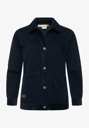 Marineblaue Cordjacke mit langen Ärmeln, Knopfleiste vorne, Kragen und zwei großen Fronttaschen.