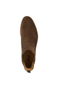 Brown suede Chelsea boot with rounded toe, elastic side panels, and pull tab at heel, viewed from above.