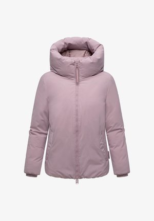Veste d'hiver rembourrée violet clair avec col montant, fermeture éclair sur toute la longueur, manches longues et poches latérales, présentée sur fond blanc.