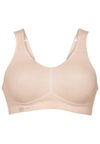 Beżowy stanik sportowy wykonany z gładkiego materiału, z szerokimi ramiączkami, siateczkowym panelem na środku i subtelnymi detalami w szwach. Styl odzieży sportowej.