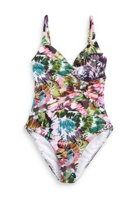 Blumen-Einteiliger Badeanzug mit einer Mischung aus grünen, pinken und lila Farben. Das Material ist glatt, mit verstellbaren Trägern und einem gerafften Frontdetail.