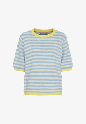 Kortærmet strikket sweater med vandrette blå og hvide striber, gul ribkrave, ærmekanter og kant.