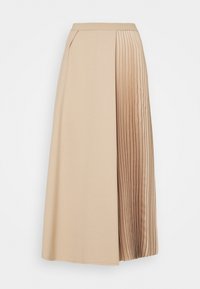 Falda midi plisada beige con un frente liso y laterales texturizados. Presenta una cintura ajustada y bolsillos laterales, ofreciendo una mezcla de materiales.